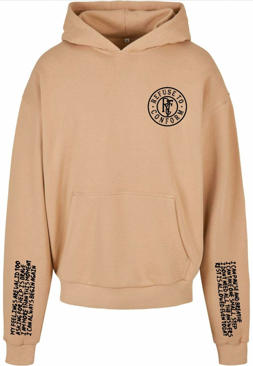 Sand BEGIN AGAIN Ultra-Heavy Hoodie with black affirmation sleeve prints
