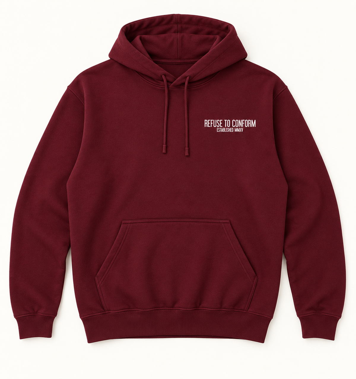 Maroon lightweight Caffeine and Chaos hoodie, front