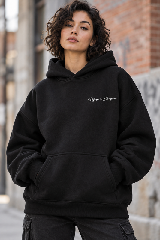 Deluxe oversized black hoodie, front view with small white Refuse to Conform left chest logo