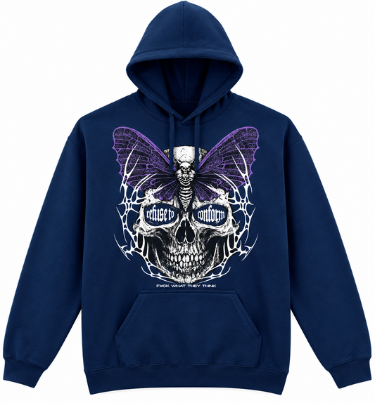 Lightweight FXCK What They Think hoodie in navy, front view