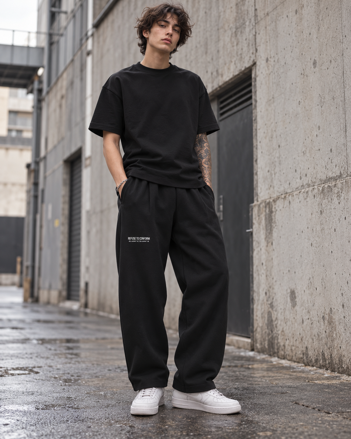 Androgynous model wearing black Refuse to Conform heavy barrel joggers in an urban setting