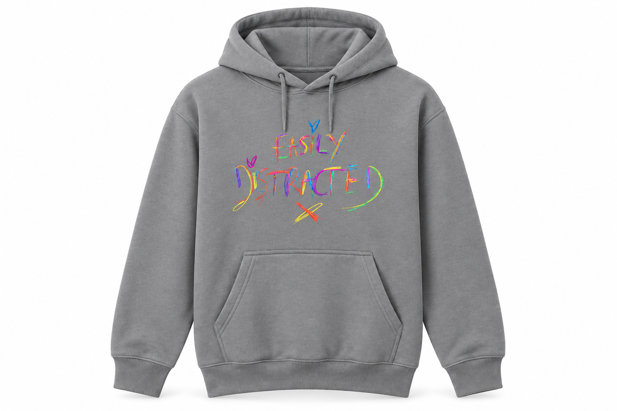 Lightweight Easily Distracted hoodie in grey, front mockup