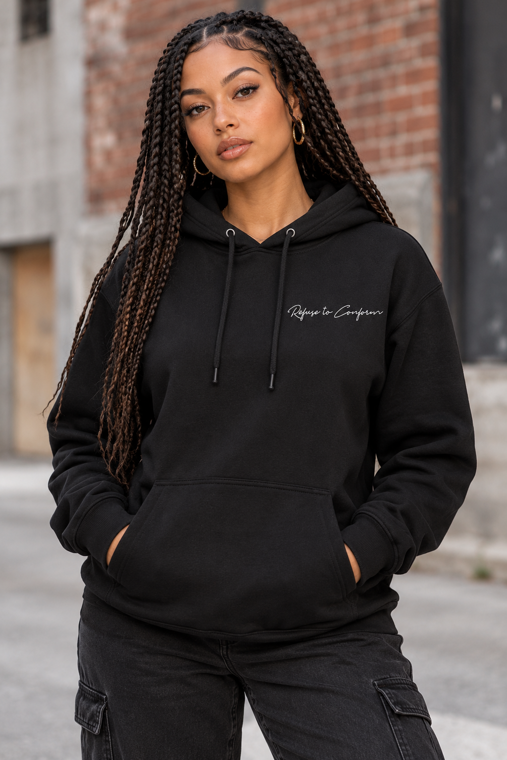 Lightweight black hoodie with drawstrings, front view with small white Refuse to Conform left chest logo