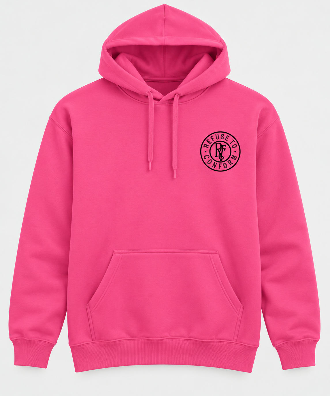 Pink Lightweight Just Incase hoodie, front with black circular chest logo