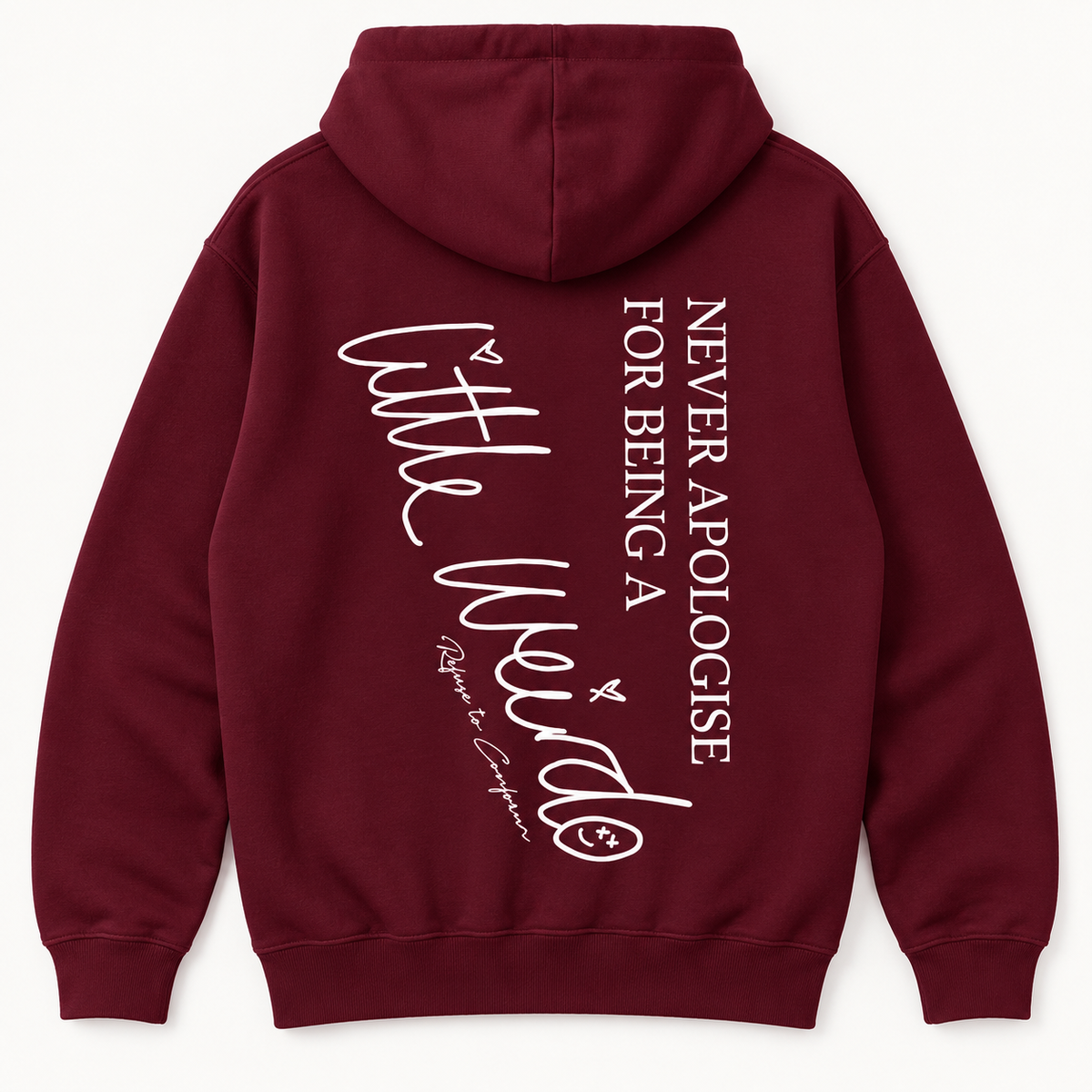 Little Weirdo lightweight hoodie in maroon, back view