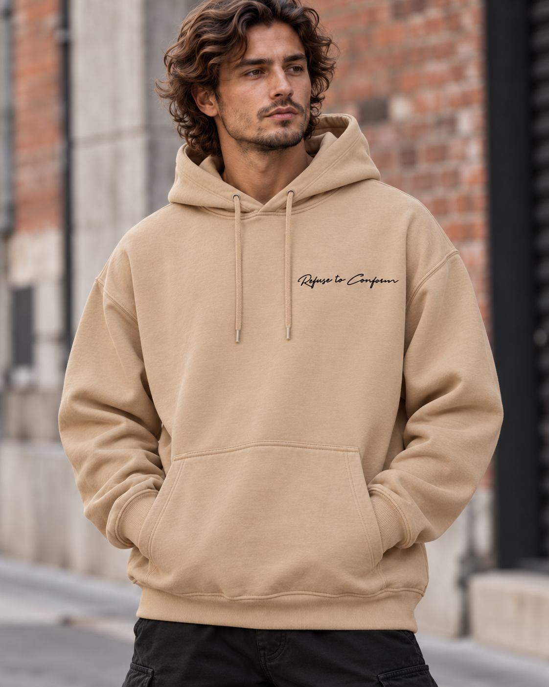 Front view of the sand lightweight hoodie with drawstrings and black chest logo