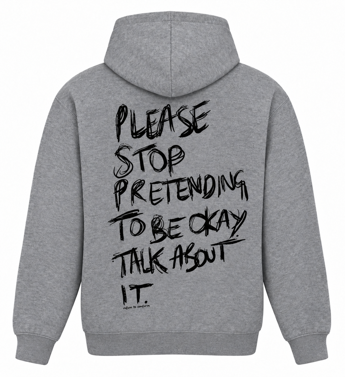 Grey lightweight Talk About It hoodie with black back print, back