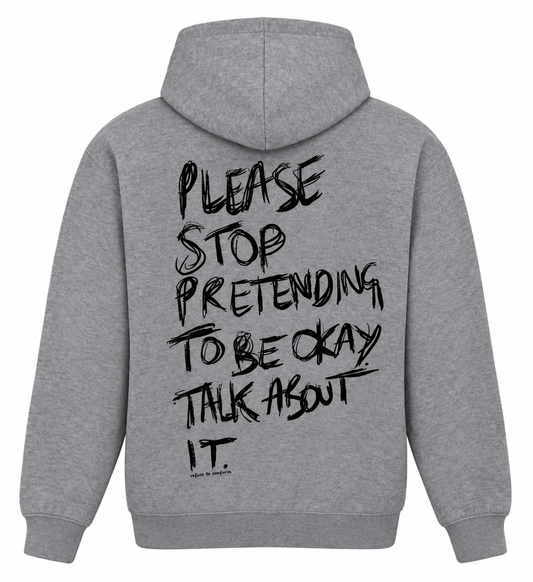 Grey lightweight Talk About It hoodie with black back print, back
