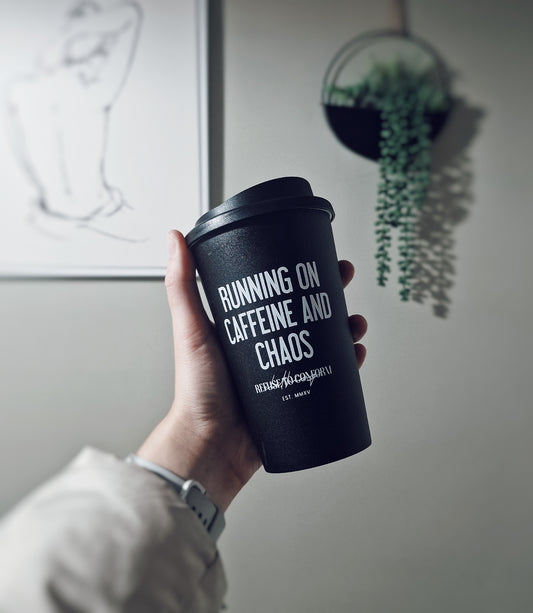 CAFFEINE AND CHAOS TRAVEL MUG 350ML