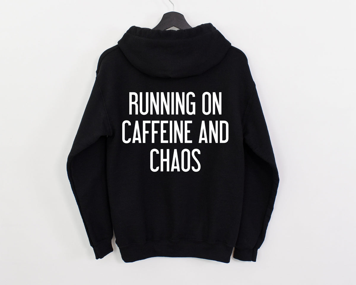 Black lightweight Caffeine and Chaos hoodie, back
