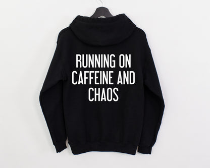 Black lightweight Caffeine and Chaos hoodie, back