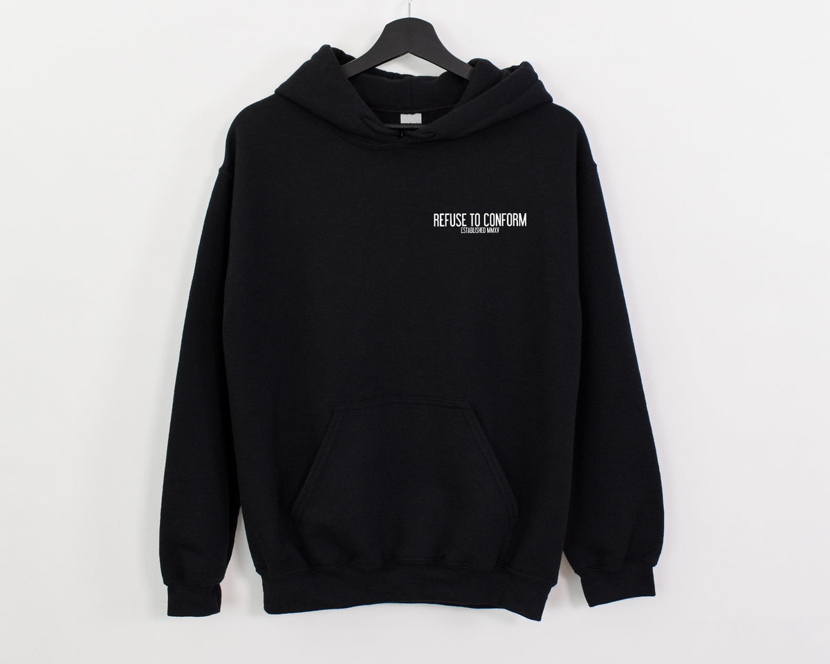 Black lightweight Caffeine and Chaos hoodie, front
