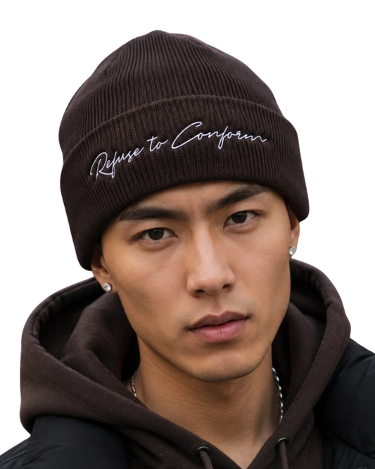 CHOCOLATE EMROIDERED SIGNATURE BEANIE