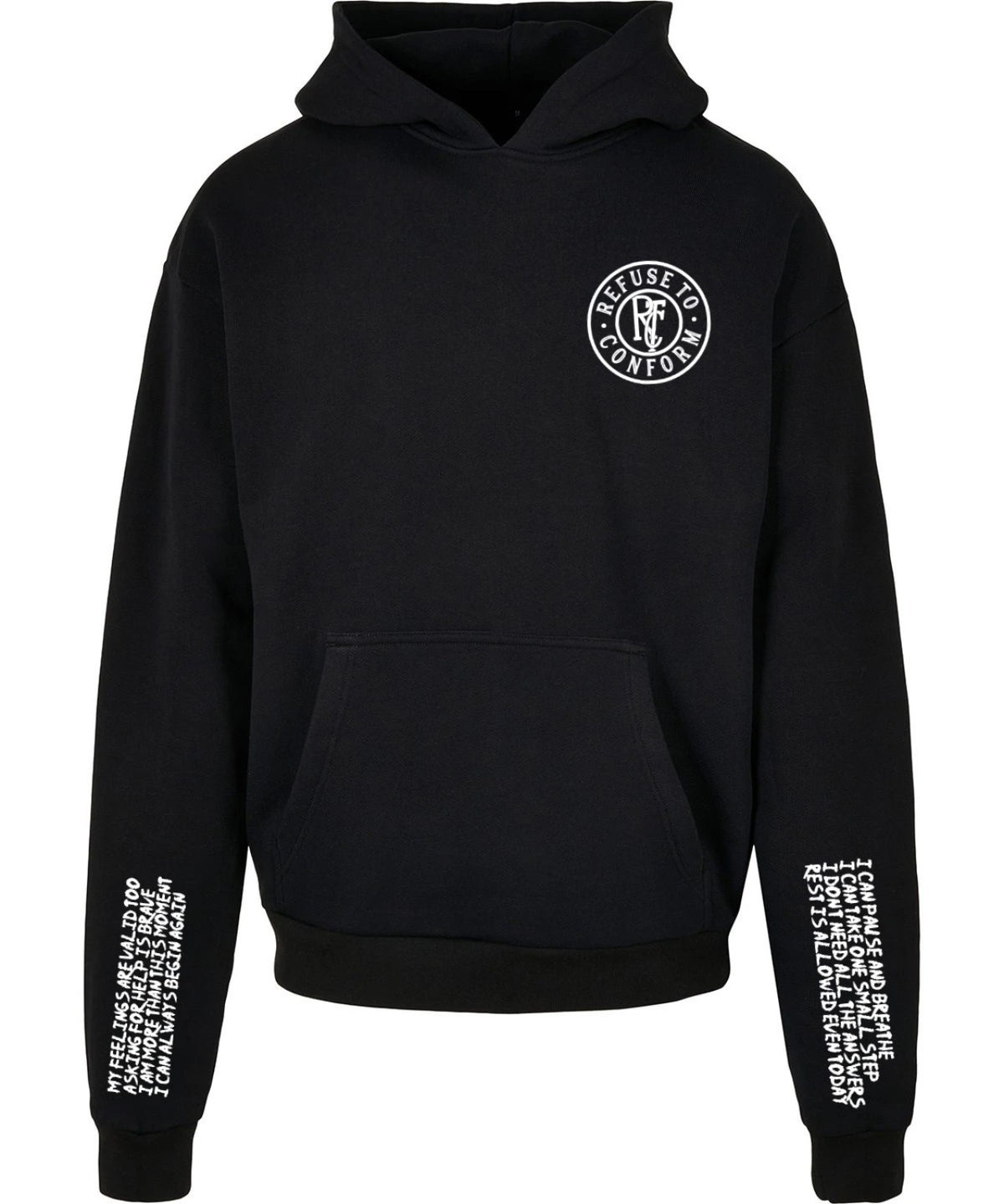 Black BEGIN AGAIN Ultra-Heavy Hoodie with white affirmation sleeve prints