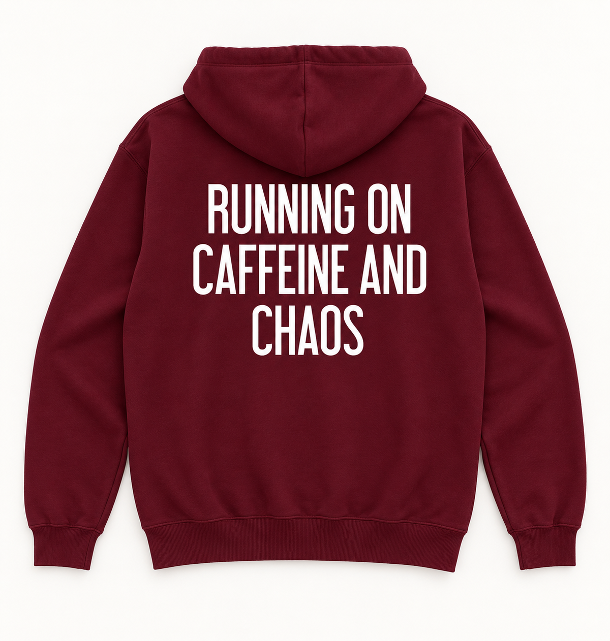 Maroon lightweight Caffeine and Chaos hoodie, back