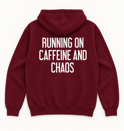Maroon lightweight Caffeine and Chaos hoodie, back