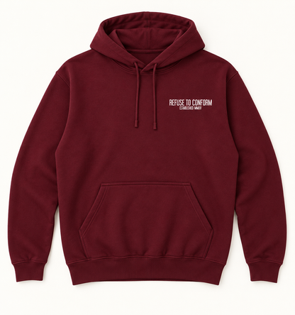 Maroon lightweight Caffeine and Chaos hoodie, front