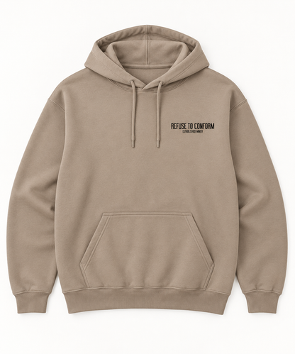 Taupe lightweight Caffeine and Chaos hoodie, back