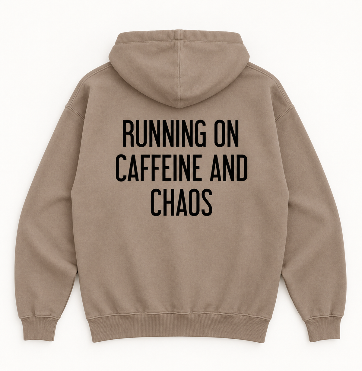 Taupe lightweight Caffeine and Chaos hoodie, front
