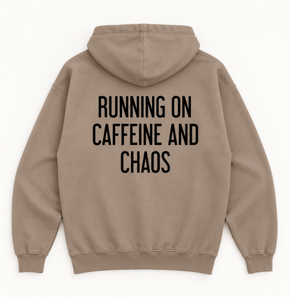 Taupe lightweight Caffeine and Chaos hoodie, front
