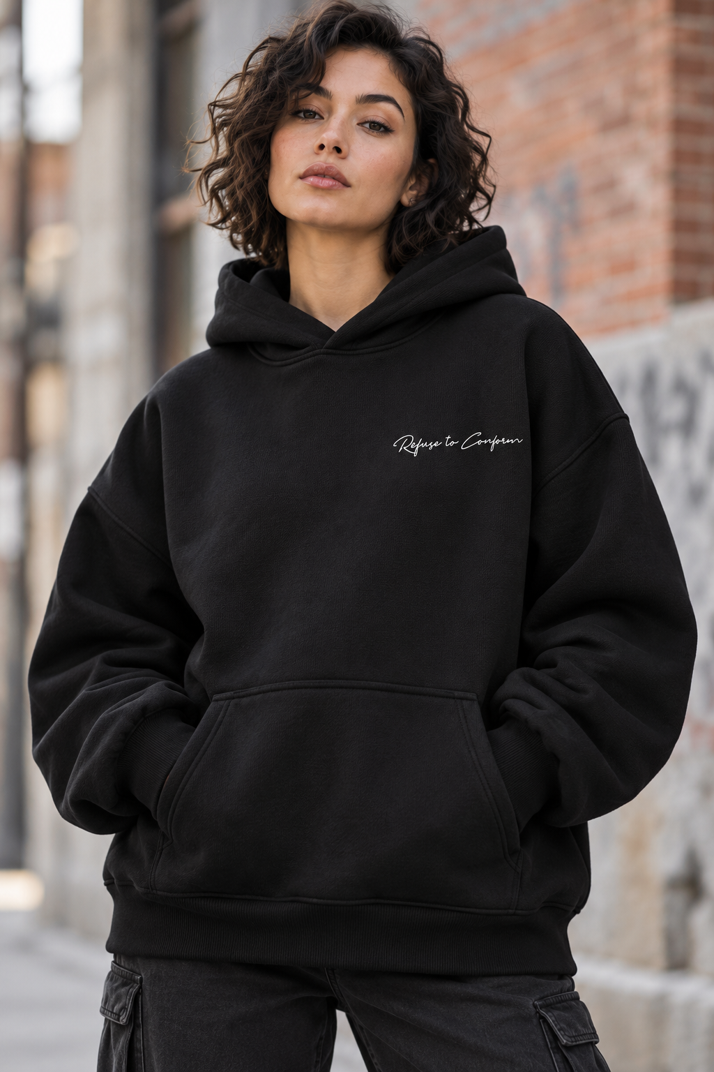 Deluxe oversized black hoodie, front view with small white Refuse to Conform left chest logo