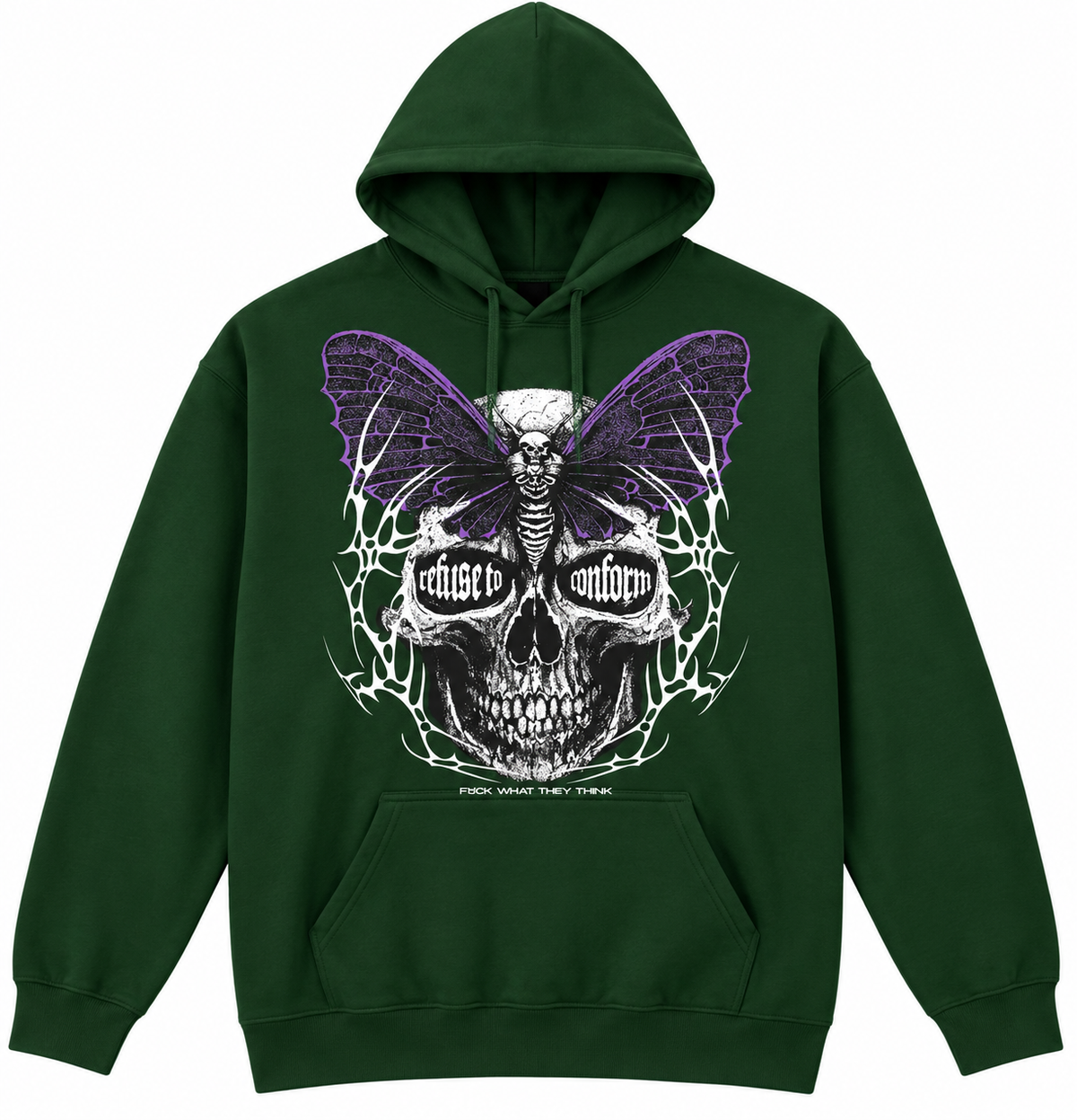 Lightweight FXCK What They Think hoodie in dark green, front view