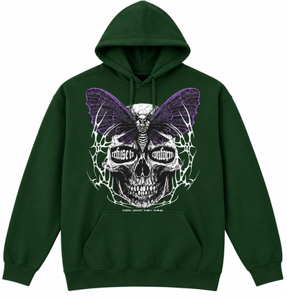 Lightweight FXCK What They Think hoodie in dark green, front view