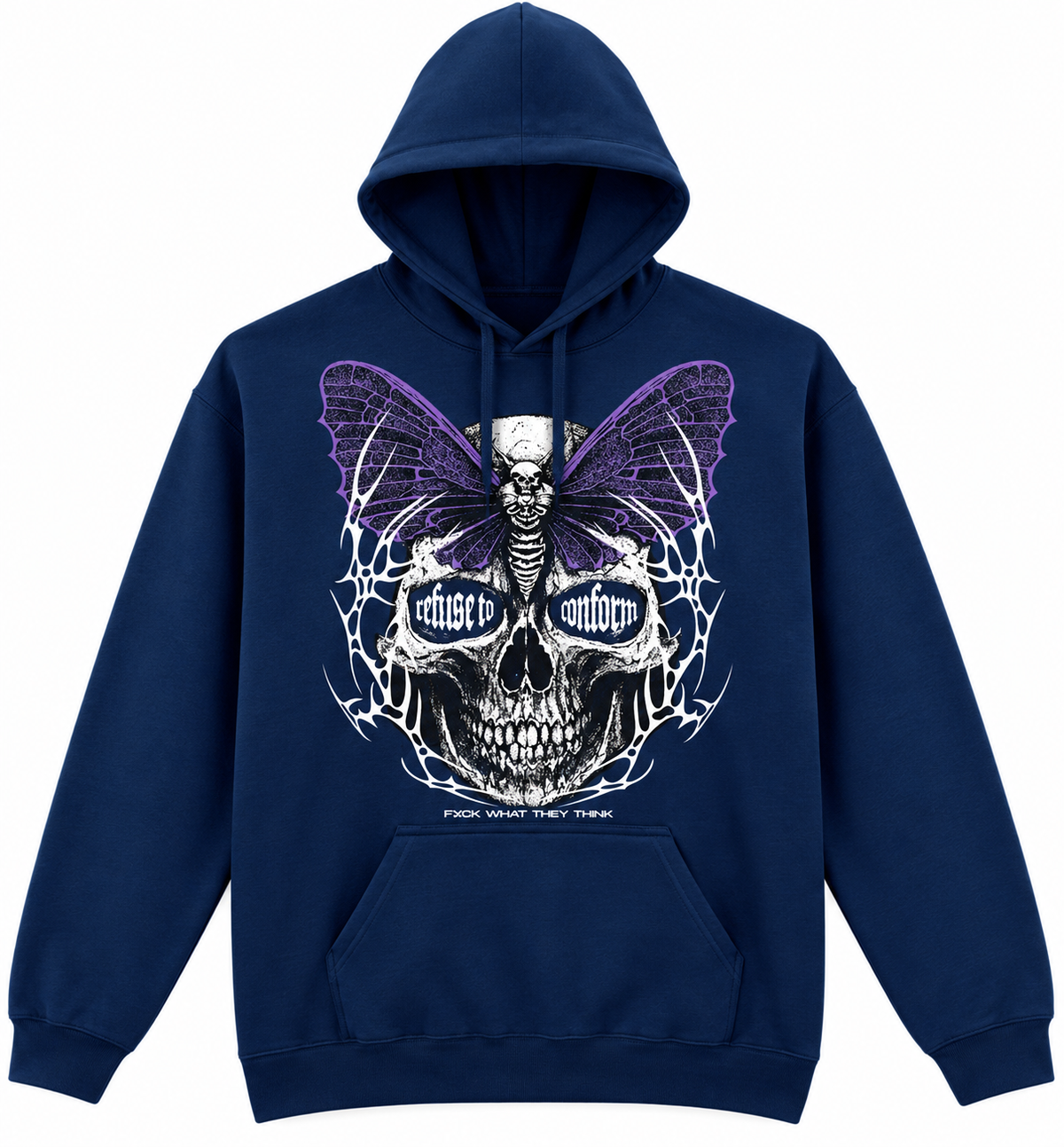 Lightweight FXCK What They Think hoodie in navy, front view