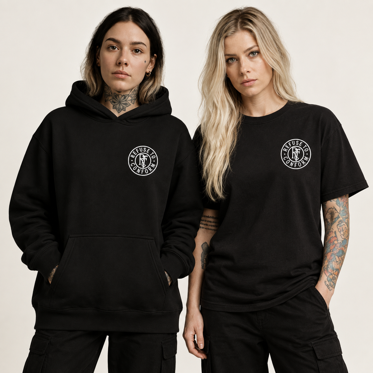Front model photo of the Just In Case hoodie and tee with RTC chest logos