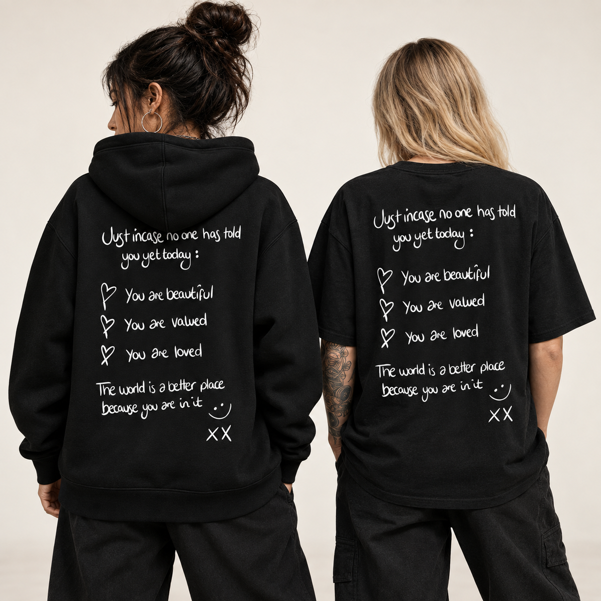 Studio back view of the Just In Case Ultra-Heavy Hoodie and tee layering set