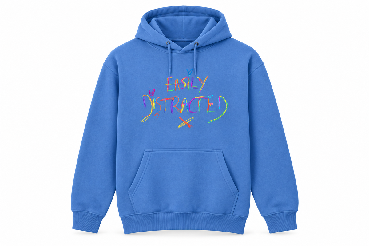 Lightweight Easily Distracted hoodie in blue, front mockup