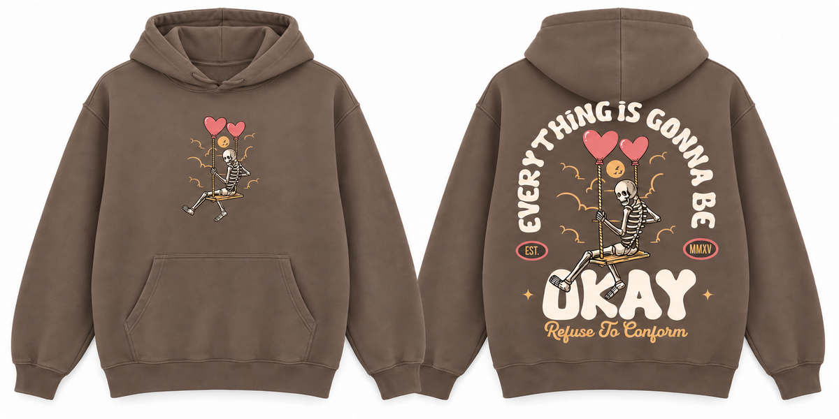 Lightweight Everything Is Gonna Be Okay hoodie in taupe, front and back mockup