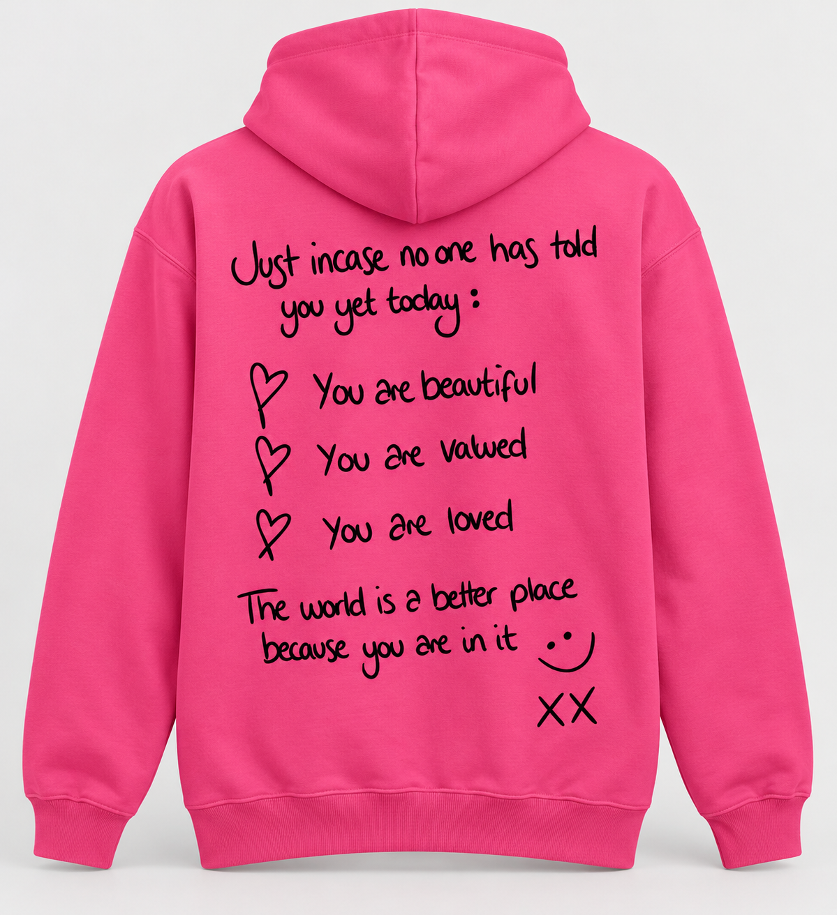 Pink Lightweight Just Incase hoodie, back with large black handwritten print