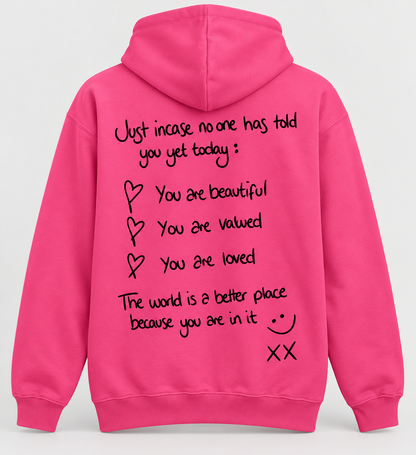 Pink Lightweight Just Incase hoodie, back with large black handwritten print
