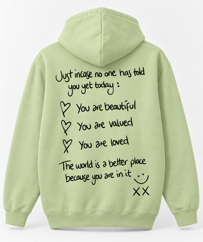 Light green Lightweight Just Incase hoodie, back with large black handwritten print