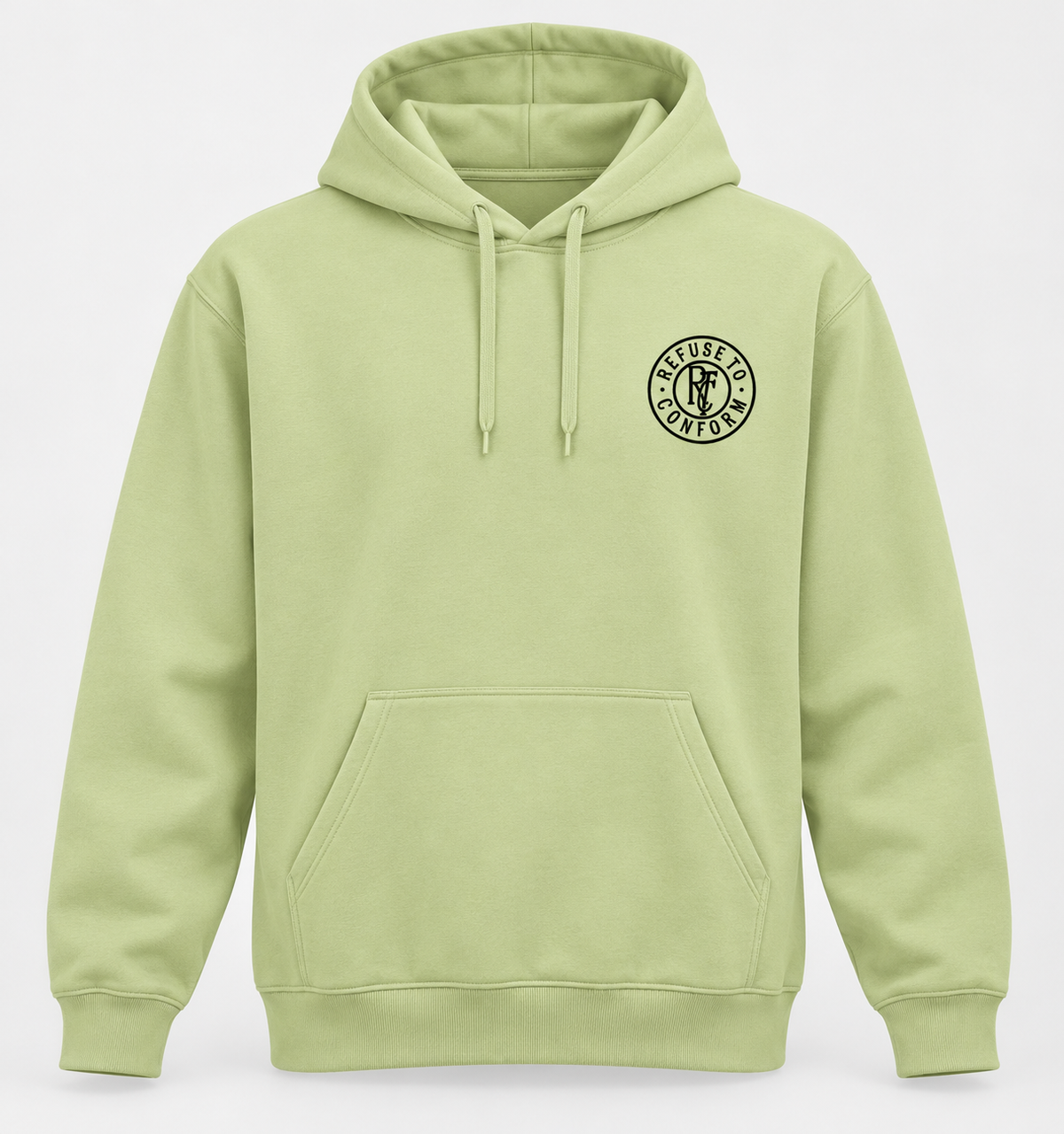 Light green Lightweight Just Incase hoodie, front with black circular chest logo