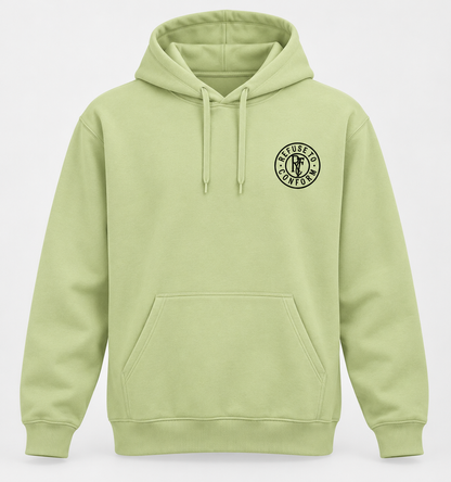 Light green Lightweight Just Incase hoodie, front with black circular chest logo