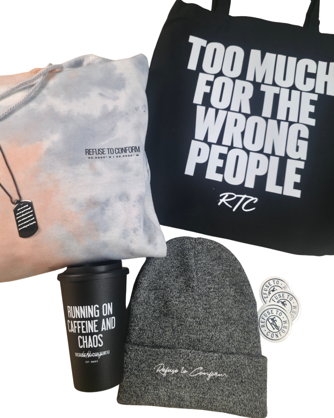 Lightweight tie dye hoodie bundle with Daily Reminder necklace, beanie, tote bag, travel mug and four stickers