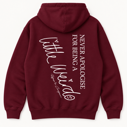 Little Weirdo lightweight hoodie in maroon, back view