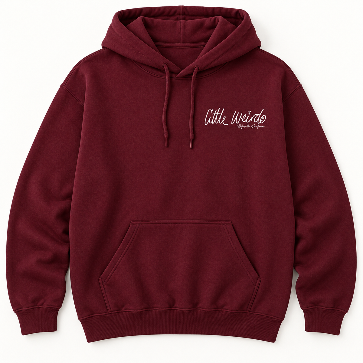 Little Weirdo lightweight hoodie in maroon, front view