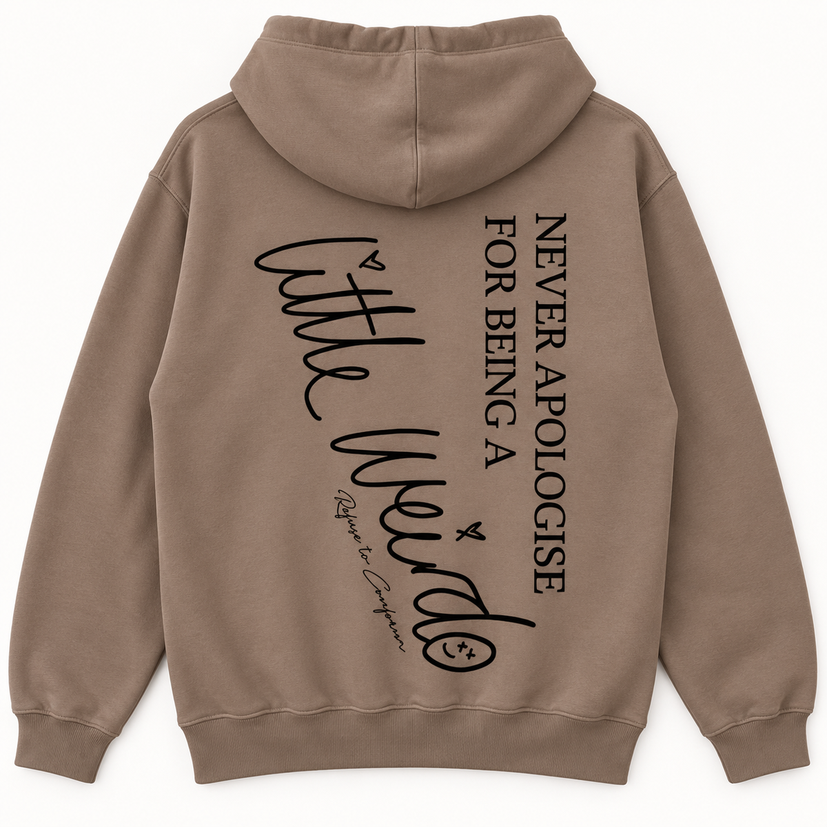 Little Weirdo lightweight hoodie in taupe, back view