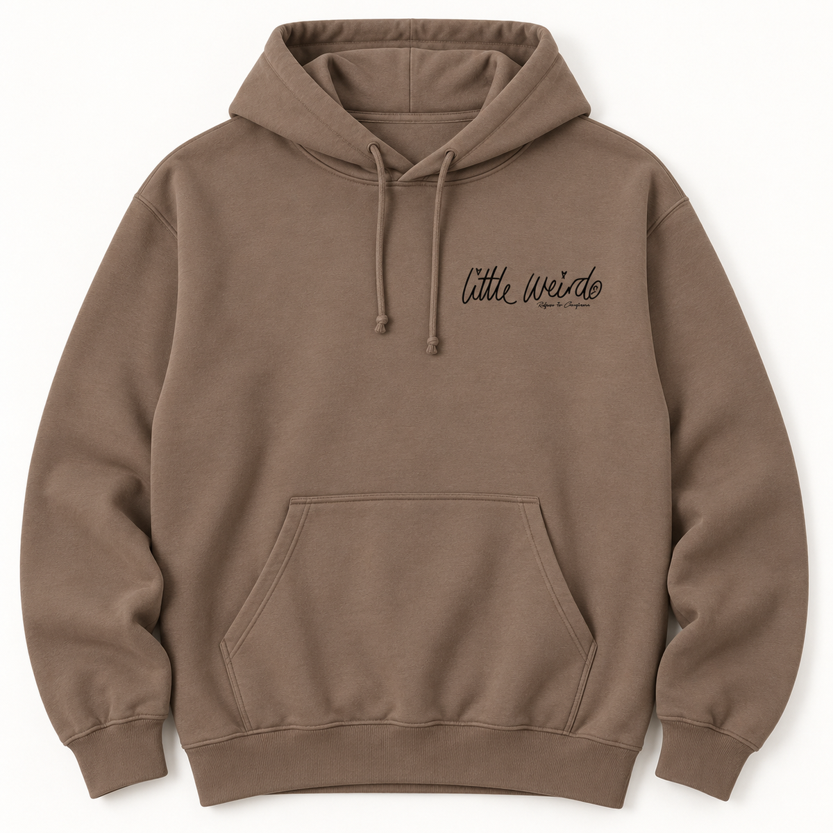 Little Weirdo lightweight hoodie in taupe, front view