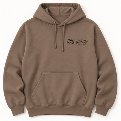 Little Weirdo lightweight hoodie in taupe, front view