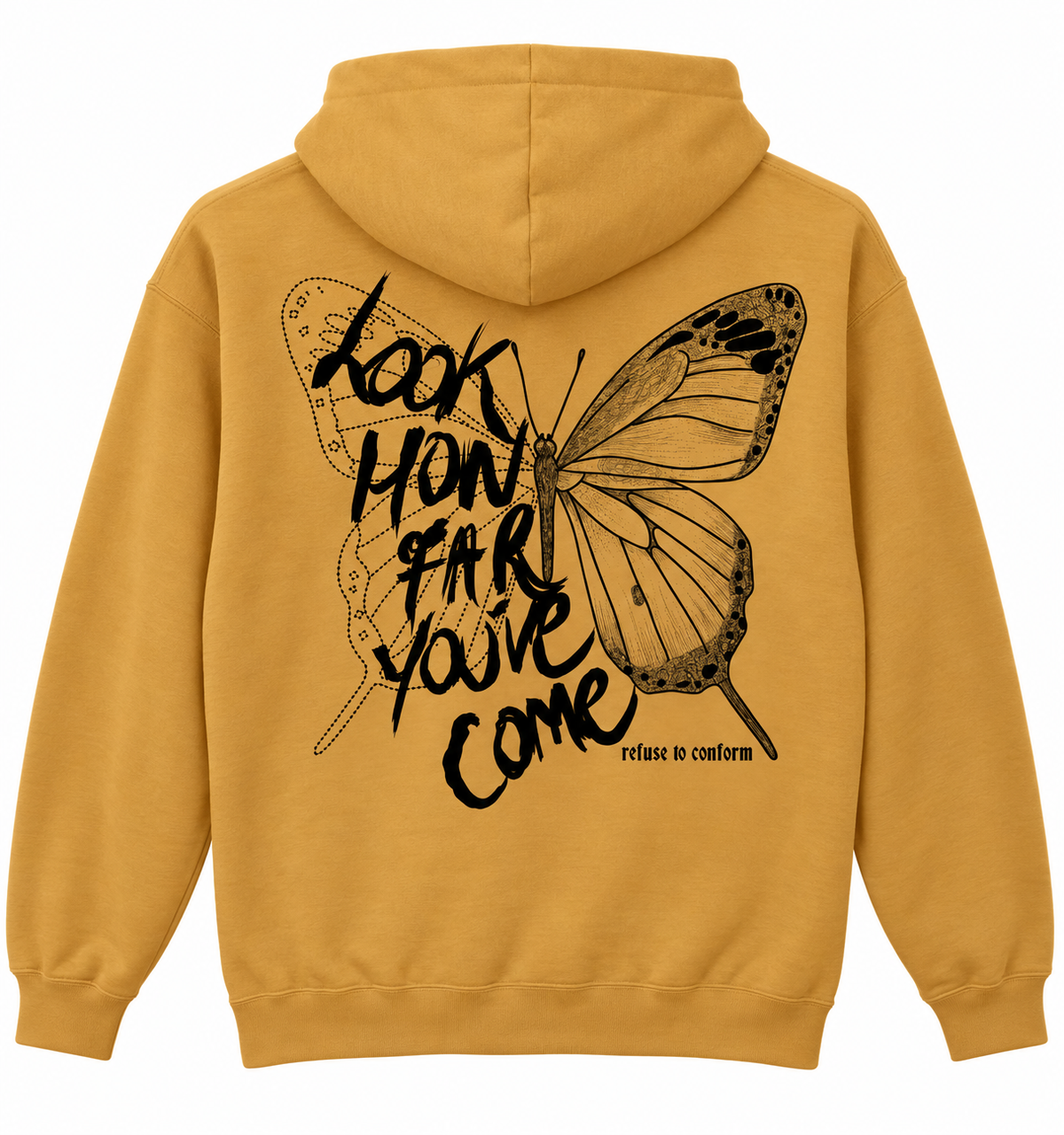 Lightweight Look How Far You’ve Come hoodie in mustard, back view, black design
