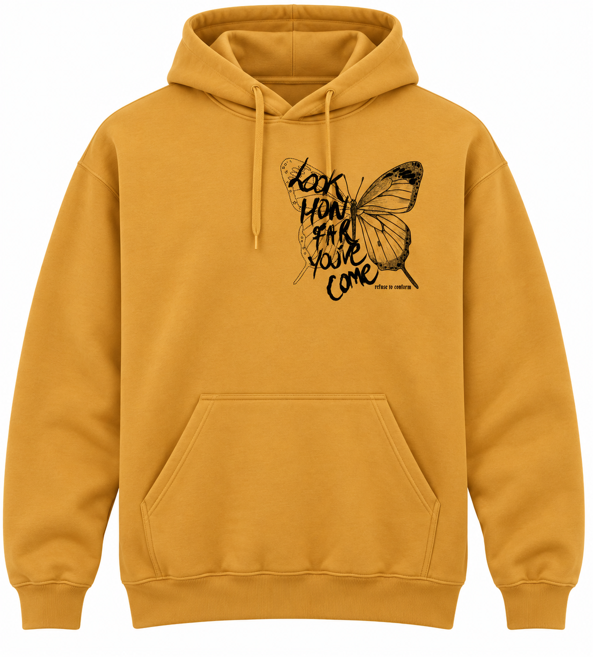 Lightweight Look How Far You’ve Come hoodie in mustard, front view, black design