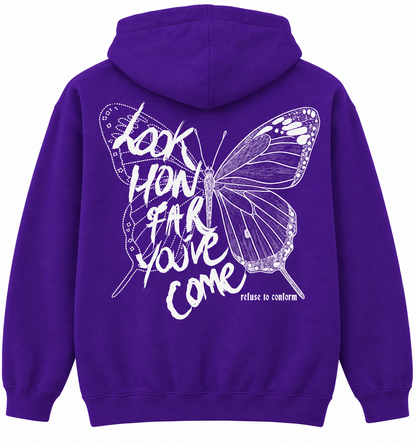 Lightweight Look How Far You’ve Come hoodie in purple, back view, white design