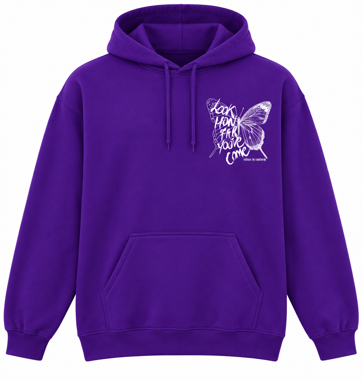 Lightweight Look How Far You’ve Come hoodie in purple, front view, white design