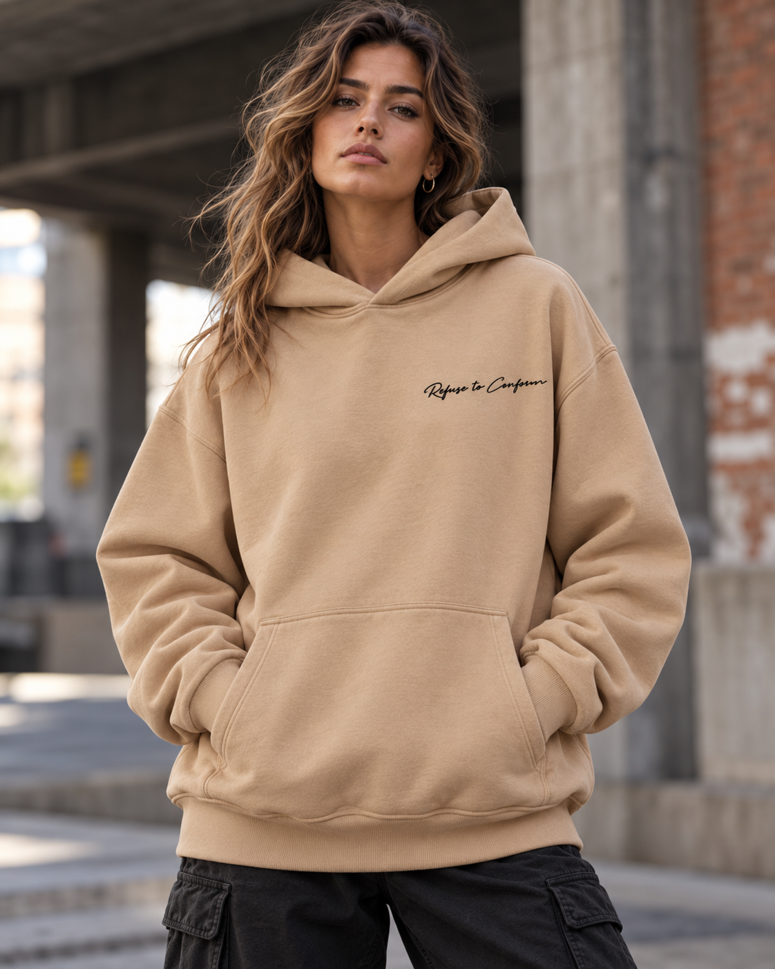 Front view of the sand Ultra-Heavy hoodie with black chest logo