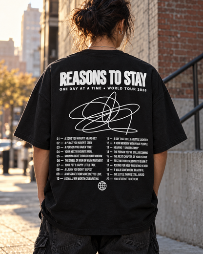 Black Reasons to Stay T-shirt back with 20 white reminders