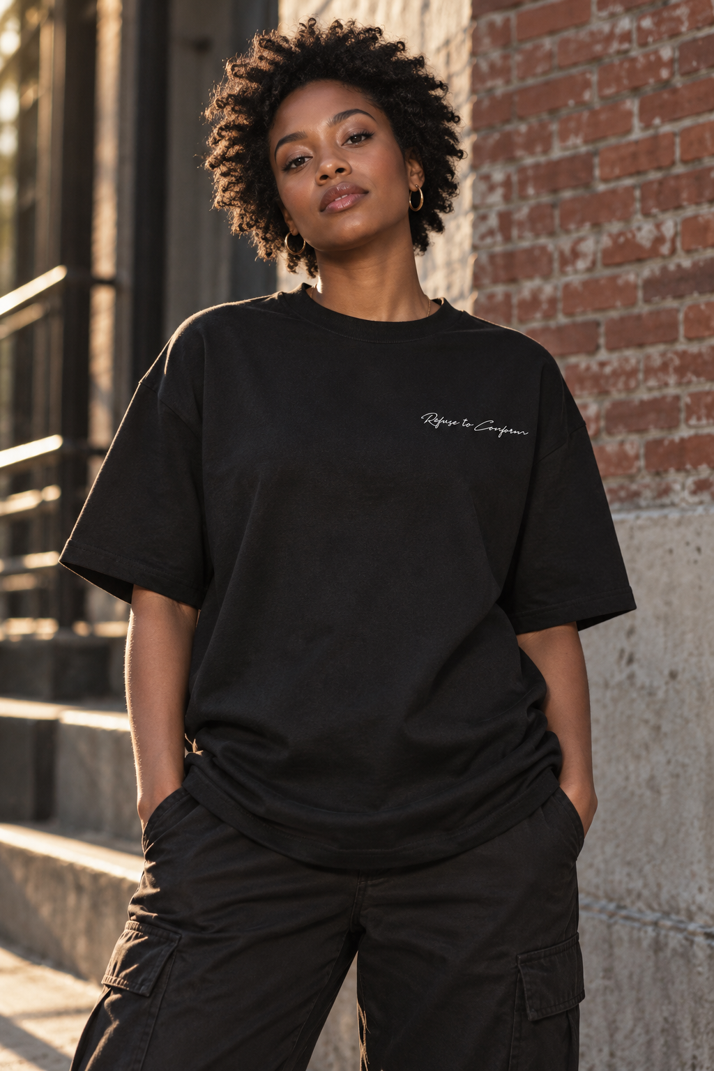 Black Reasons to Stay T-shirt front with white Refuse to Conform chest logo